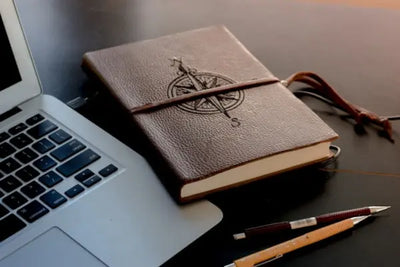 A brown leather book cover. 