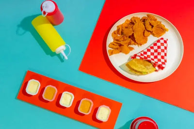 A blue and red background with ketchup and mustard bottles.