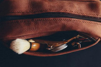 An American made leather cosmetic storage bag.