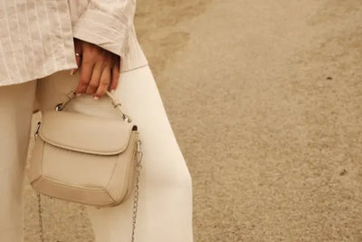 Beige handbag made in America with American bison leather. 