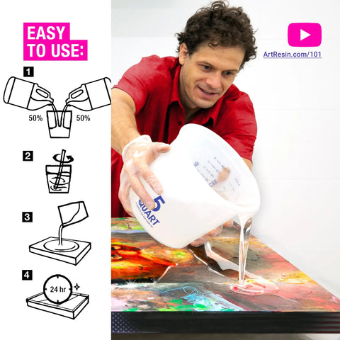A man in a red shirt pours 10 Gallon (37.8 L) ArtResin - Epoxy Resin onto art. Illustrated steps: mix equal parts, stir, pour, and let dry for 24 hours. “Easy to use” and the ArtResin website appear onscreen.