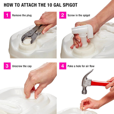 Four-step guide for your 10 Gallon (37.8 L) ArtResin - Epoxy Resin: using pliers, remove the plug, screw in the spigot, unscrew the cap, then use a hammer and nail to poke an airflow hole—prep your ArtResin container easily!.
