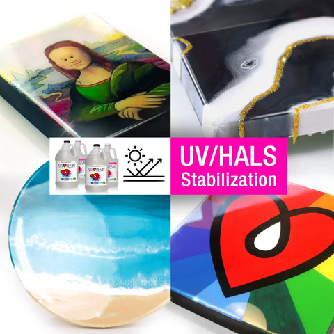 Collage of resin art pieces—Mona Lisa, abstracts, and seascape—with bottles of ArtResin 10 Gallon (37.8 L) Epoxy Resin by ArtResin, featuring a pink “UV/HALS Stabilization” label to showcase the product’s protective quality.