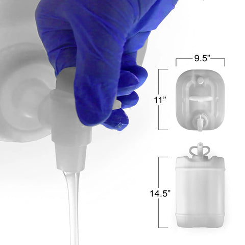 A gloved hand pours ArtResin 10 Gallon (37.8 L) Epoxy Resin from a container; adjacent labeled diagrams show the ArtResin container’s dimensions—front: 14.5”, side: 11”, top: 9.5”—for precise resin art projects.