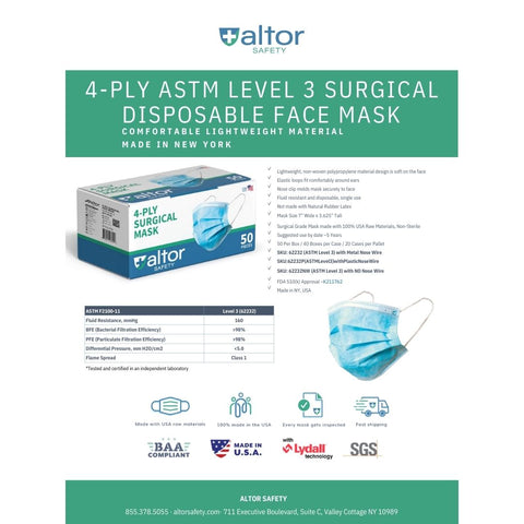ASTM Level 2 Surgical Masks – 3-Ply, No Nose Wire | ≥99% BFE | Made in USA (Box of 50) Altor Safety  Disposable Face Masks