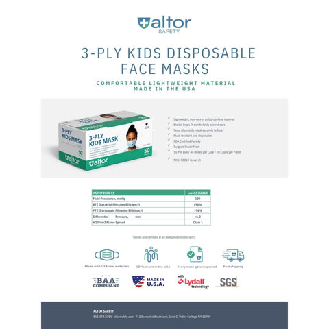 USA-Made ASTM Level 2 Kids Face Masks – 3-Ply Surgical Grade | 50 Pack | FDA Approved Altor Safety  Disposable Face Masks