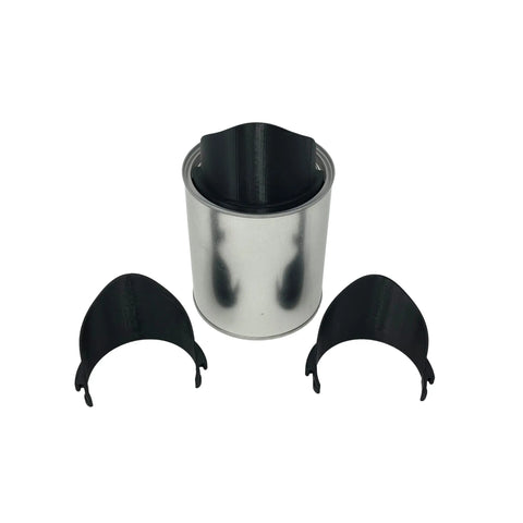 A Chatelet Manufacturing 3-Pack Quart Paint Pourer for quart-sized cans sits between two identical black plastic clips, symmetrically placed on a white background for stability.