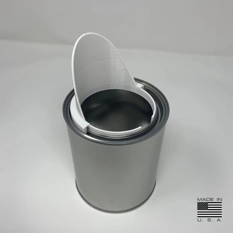 A Chatelet Manufacturing 3 Pack Quart Paint Can Pourer in white, designed to fit quart-sized cans, is partially inserted on a silver can atop a white surface, with a small Made in U.S.A. label and flag shown in the lower right corner for no mess pouring.