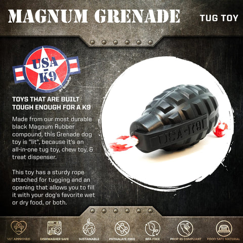 USA-K9 Magnum Grenade Durable Rubber Tug and Chew Dog Toy – Treat Dispenser | Made in USA SodaPup  Rubber Dog Toys