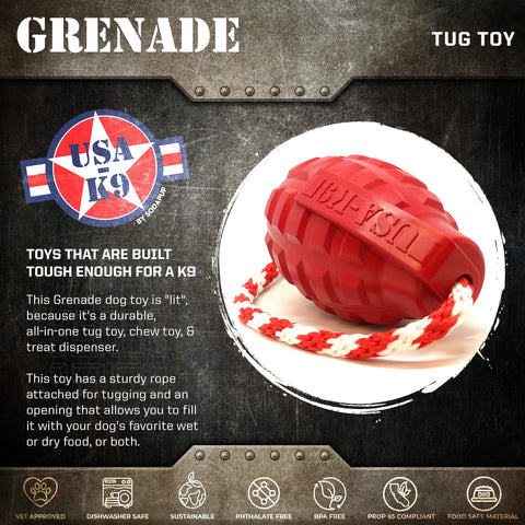 USA-K9 Grenade Durable Rubber Dog Chew Toy – Tug & Treat Dispenser | Made in USA SodaPup  Rubber Dog Toys