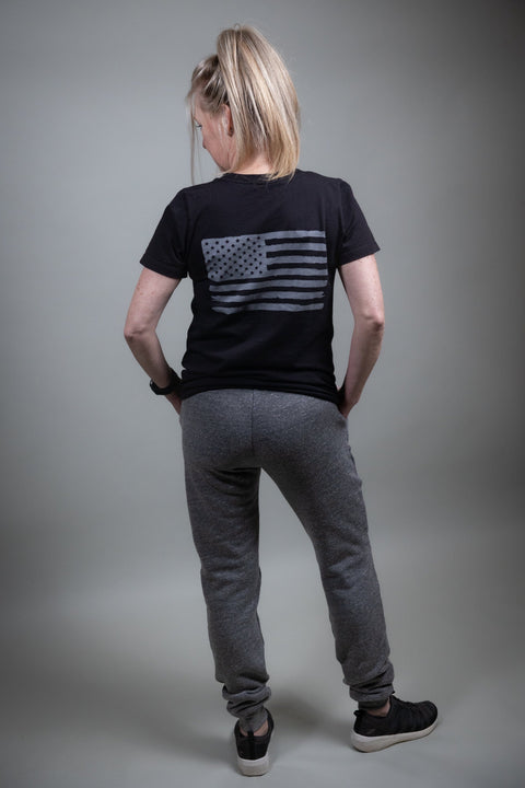 Women’s Distressed American Flag Cotton T-Shirt – Black Tee | Made in USA Proudly USA  T-shirt