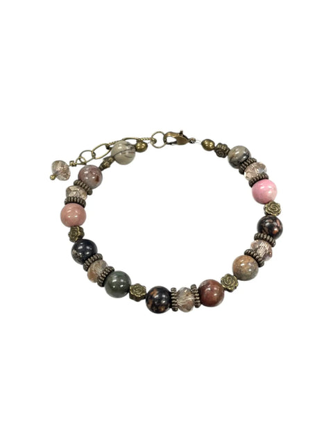 Adjustable Rhodonite and Crystal Beaded Bracelet With Gold Flower Accents – Handmade Jewelry | Made in USA Michelle Marie Boutique  Bracelets