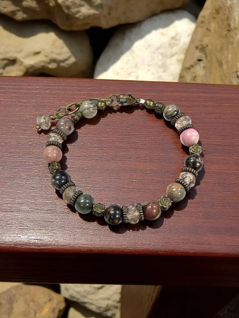 Adjustable Rhodonite and Crystal Beaded Bracelet With Gold Flower Accents – Handmade Jewelry | Made in USA Michelle Marie Boutique  Bracelets