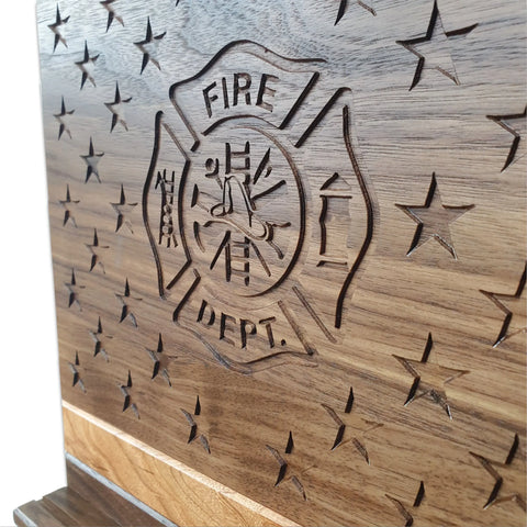 American Flag With Firefighter Cross Challenge Coin Display – Walnut & Cherry Wood Rack | Made in USA Legacies of America Woodworking Company  Challenge Coin Display