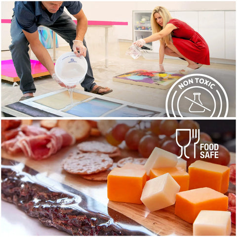 Top: Two people pour ArtResin 32 Oz (946 Ml) non-toxic epoxy resin by ArtResin over art pieces. Bottom: Close-up of cheese, crackers, and grapes on a board with a glossy, food safe finish.