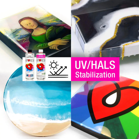 A collage displays colorful paintings coated with 32 Oz (946 Ml) ArtResin epoxy resin by ArtResin, a non-toxic formula. A bottle and UV/HALS Stabilization icon highlight its crystal-clear, glossy finish and protection against sun damage.