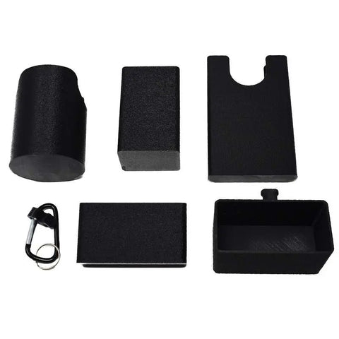 Six black Chatelet Manufacturing BAGLETS Ultimate Bundle accessories—including a Carabiner Key Holder, Phone Case Holder, and more—are arranged in two rows on a white background, ideal for Bogg Bags and other totes.