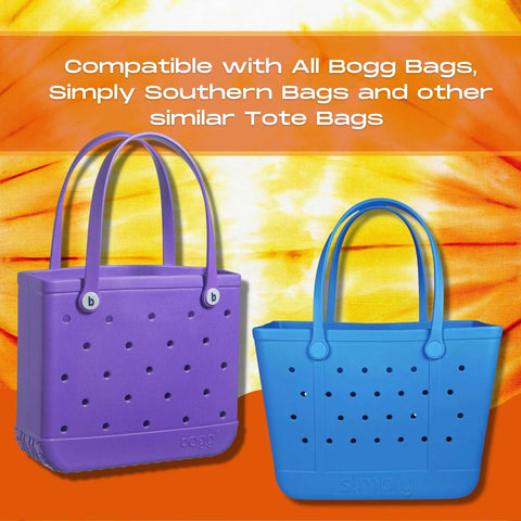 A blue Pom Pom “BOGLETS” Cheerleading Charm by Chatelet Manufacturing is shown on a tote bag. Compatible with Bogg Bags and other totes. Displayed against a yellow-orange tie-dye background.