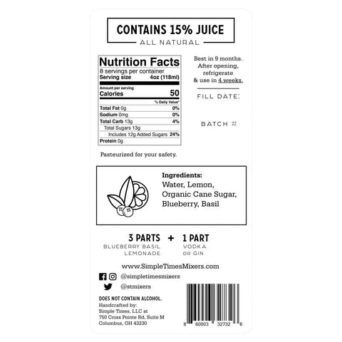 Blueberry Basil Lemonade Mixer 32oz – All Natural Cocktail Mixer | Made in USA – Columbus Ohio Simple Times Mixers  32oz Single Bottle