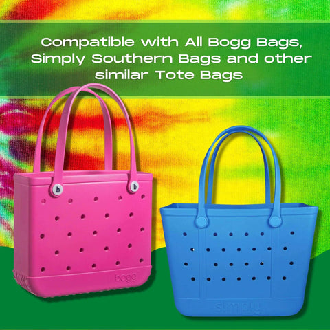Two FRESHe BAGLETS by Chatelet Manufacturing—a can drink & water bottle holder charm—are shown with tote bags. Compatible with Bogg Bags, they keep bottles or cans handy inside or outside your bag. Made in the USA.