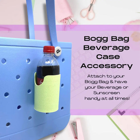 A light blue Bogg Bag with a light green FRESHe BAGLETS Can Drink & Water Bottle Holder by Chatelet Manufacturing, holding a soda bottle. Text: FRESHe BAGLETS—must-have tote accessory for drinks or sunscreen; fits in or out!.