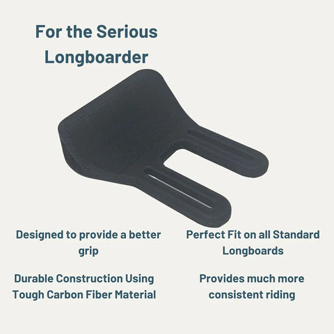 A Chatelet Manufacturing Carbon Fiber Alt Design Foot Stop for longboards or e-skates is shown on a light background, with text highlighting its grip, durability, secure fit, and enhanced control—especially going downhill.