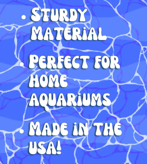 White text on a blue water-patterned background reads: • Sturdy Chatelet Aquarium Underground Tunnel • Perfect for fish & shrimp in home aquariums • Unique viewing decor, made in the USA!.
