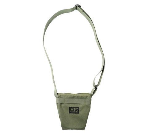 The MIS AB Shoulder Pouch in Camo Green is a compact, water-resistant Cordura Nylon bag with an adjustable strap and a front black MIS patch, shown against a white background.