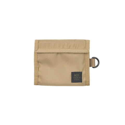 The MIS Folding Wallet - Coyote Tan is shown against a white background, featuring nylon material, a black MIS MADE IN USA label, and a metal key ring attachment on the right side.