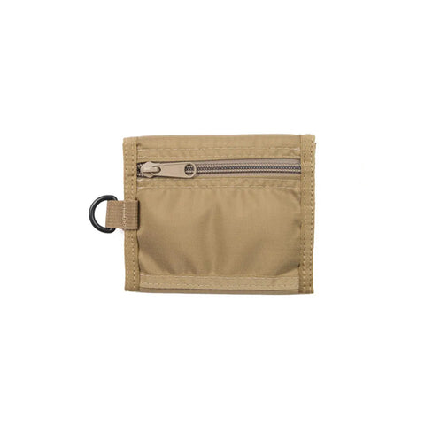 The MIS Folding Wallet - Coyote Tan is shown flat on a white background, featuring tan nylon, reinforced stitching, a front zipper coin pocket, and a black metal D-ring attached to the left side.