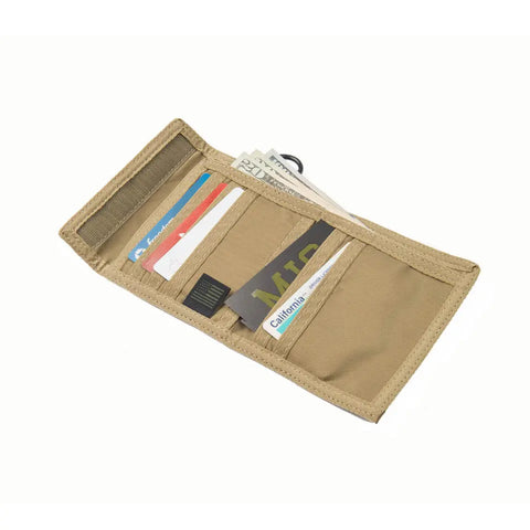 The MIS Folding Wallet - Coyote Tan is open, displaying cards, cash, and an ID in its compartments against a white background—a classic everyday coin pocket wallet.