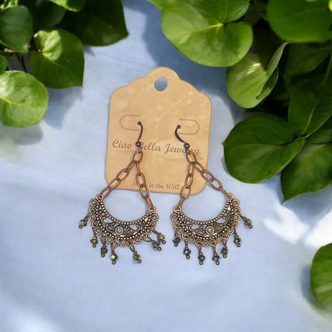 Copper Crescent Chandelier Earrings With Green Crystal Drops – Boho Style | Made in USA Jewelry Michelle Marie Boutique  Earrings