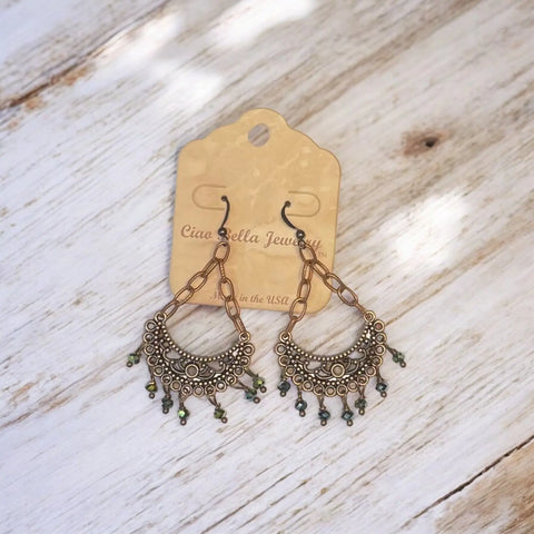 Copper Crescent Chandelier Earrings With Green Crystal Drops – Boho Style | Made in USA Jewelry Michelle Marie Boutique  Earrings