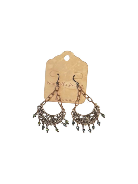 Copper Crescent Chandelier Earrings With Green Crystals: Boho Chic Michelle Marie Boutique  Earrings