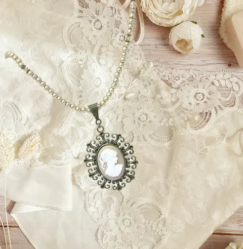 Customizable Victorian Style Pearl Necklace – Adjustable Chain – Personalized Photo Pendant | Made in USA Michelle Marie Boutique  Necklace