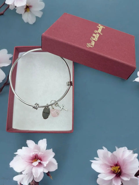 Dainty Child’s Cross Bangle Bracelet – Hypoallergenic Stainless Steel with Crystal Accent | Made in USA Religious Gift Michelle Marie Boutique  Bracelet
