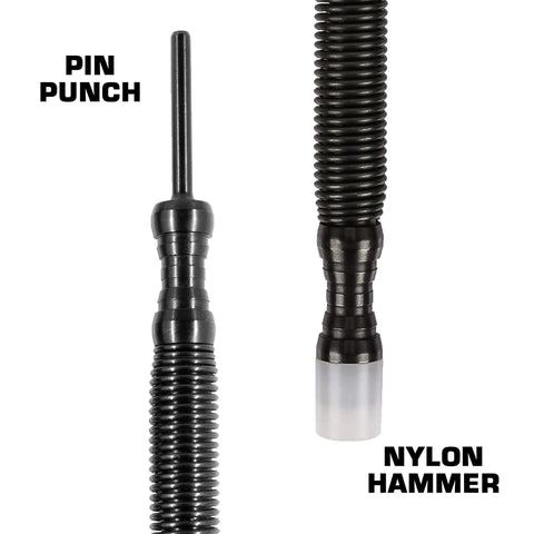 Close-up of the Hammerless Impact Technology Door Hinge Pin Remover & Installer (Nylon) and nylon hammer with black grooved handles. Text labels identify each tool, highlighting this essential hinge pin installer set.