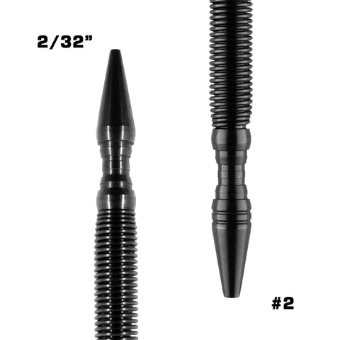 The Hammerless Impact Technology #2 Nail Starter and Setter features two black, pointed metal tips with ridged grips, labeled 2/32 and #2, shown vertically against a white background.