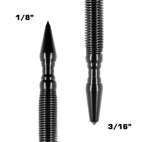 Two black metal tips with ribbed shafts from the Hammerless Impact Technology Center and Prick Punch set are shown side by side on white; the left is 1/8” and the right is 3/16”, clearly displaying this dual-tipped design.