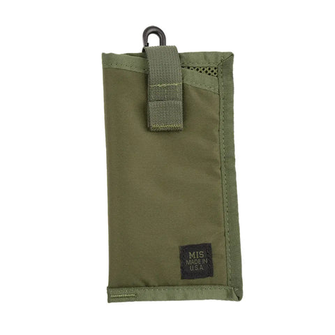 The MIS EW Soft Case - Olive is a nylon sunglass case with a snap closure strap, black patch reading MIS MADE IN U.S.A., and a top black plastic clip—ideal as a tactical key strap holder.