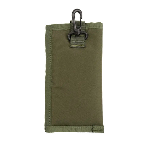 The MIS EW Soft Case - Olive is a rectangular nylon sunglass case with stitched borders and a black plastic hook clip at the top, ideal for keeping your eyewear secure.