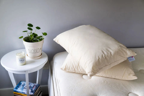 A neatly made bed with American Blossom Linens Down Alternative Pillow With Recycled Polyester Fill, a white nightstand with a potted plant labeled Blossom, a lit candle, and books—all set against a light gray wall for restful sleep.