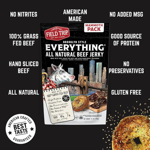 A 12oz bag of Field Trip Everything Bagel Beef Jerky is shown among bagels and a cityscape, emphasizing its natural ingredients, 100% grass-fed beef, gluten-free status, everything seasoning, and high protein content.