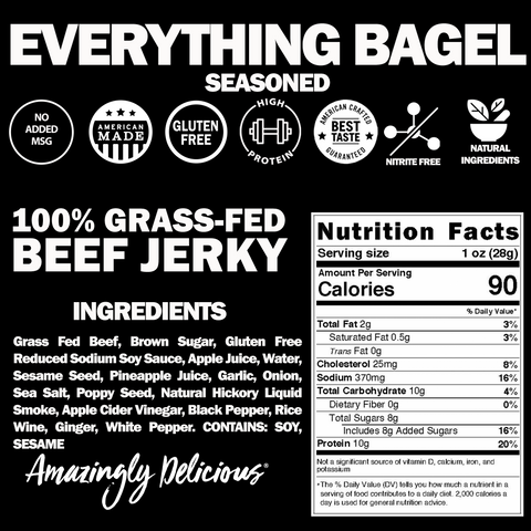 Everything Bagel Seasoned Grass Fed Beef Jerky 12oz – High Protein Snack | Made in USA Field Trip 