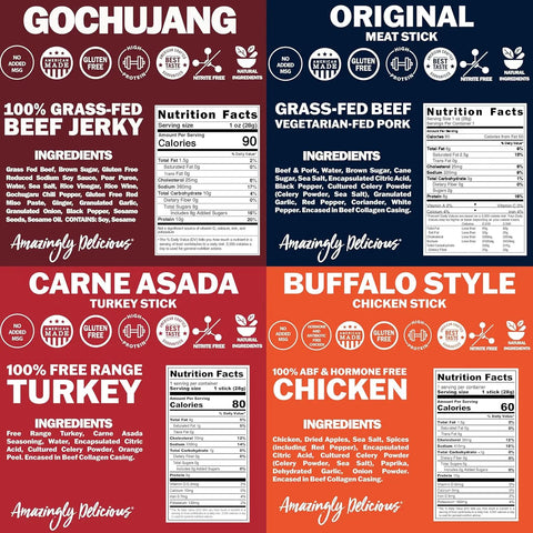Field Trip Gift Bag | Jerky & Meat Sticks by Field Trip includes Gochujang beef jerky, Original beef/pork sticks, Carne Asada turkey stick, and Buffalo Style chicken stick—great for gifting, with nutrition facts, ingredients, and dietary icons on each label.