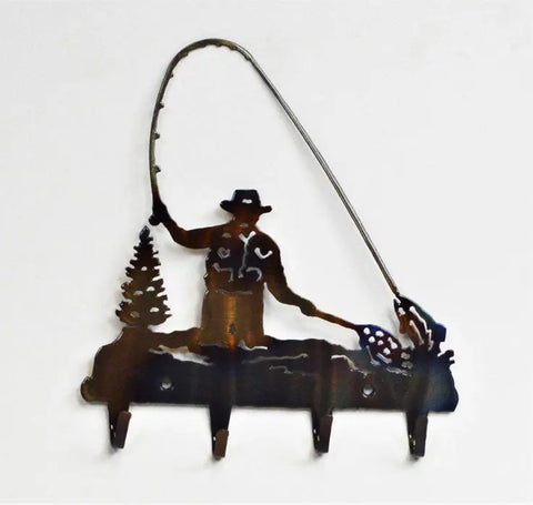 Fly Fisherman Metal Key Holder – Rustic Wall Mount Organizer | Handcrafted Decor Made in USA Knights Home Decor  item