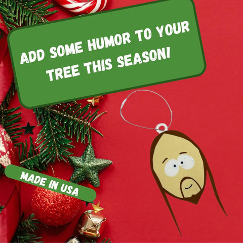 A festive red ornament by Chatelet Manufacturing features pine branches, ornaments, and a cartoon Jesus face. Green text reads: Add some humor to your tree! A funny gag gift—Funny Gag Gift Christmas Ornament—made in the USA.