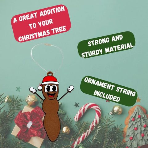 Chatelet Manufacturings Funny Gag Gift Christmas Ornament features a cartoon Mr. Poo with Santa hat, smiling above gifts and garland. Strong, sturdy, includes ornament string—perfect Dirty Santa gift! Made in USA.