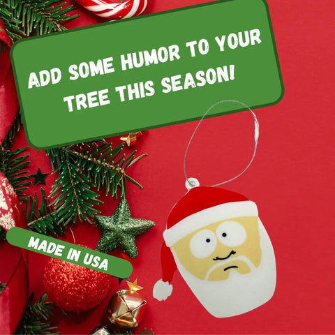 A Funny Gag Gift Christmas Ornament by Chatelet Manufacturing sits on a red background with festive decor. Green boxes say, “Add some humor to your tree this season!” and “Made in USA.” Perfect for Dirty Santa gift exchanges!.