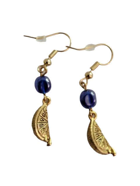 Gold Lemon Earrings With Blue Gemstone Accents | a Bright and Cheerful Way to Add a Touch of Nature to Your Outfit Michelle Marie Boutique  Earrings